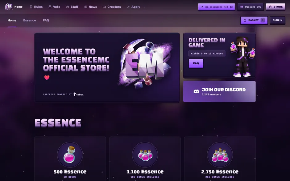 The store page, basket and sign in above the Essence packages that come straight from Tebex