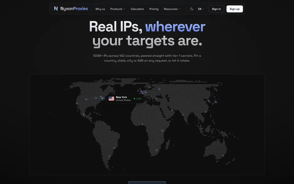 The global network section, a dotted world map that tours their exit cities