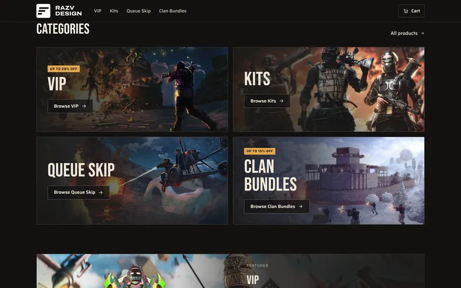 Category cards, each on its own scene, with a sale badge when something inside is discounted
