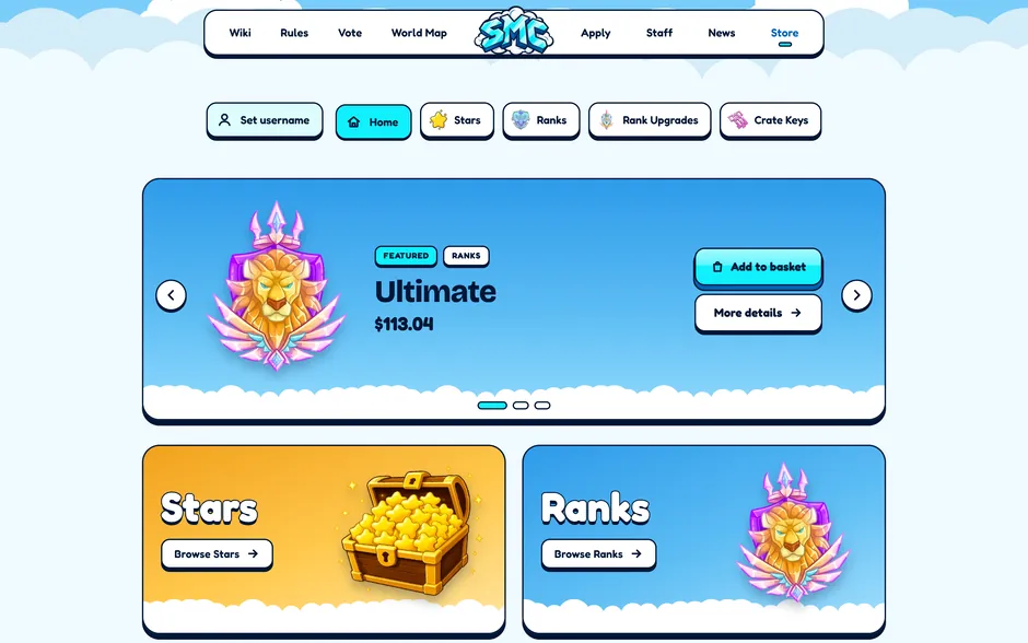 The store page, the Ultimate rank featured above the Stars and Ranks categories, all live from Tebex