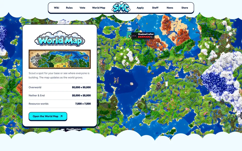 The World Map section, a render of their world behind the panel that opens the live map