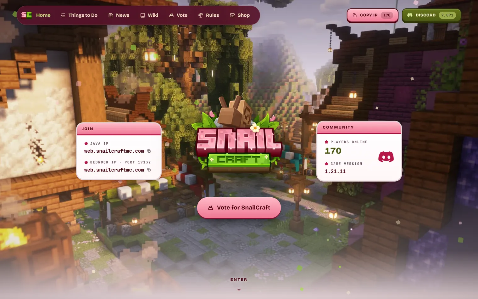 SnailCraft home page, cozy village hero with join panel and community panel
