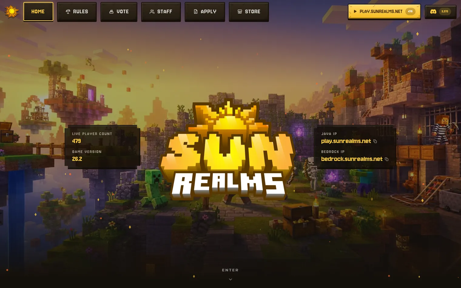 SunRealms home page, sunset panorama hero with server IP panels